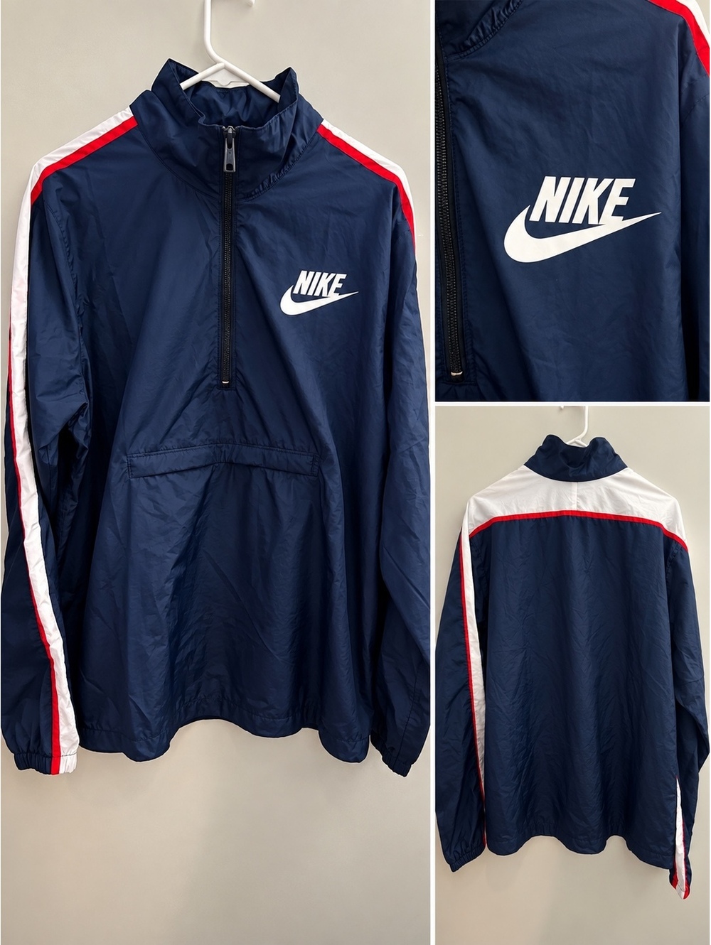 Nike Sportswear Men's Medium Navy Blue Half-Zip Windbreaker Jacket with Red and